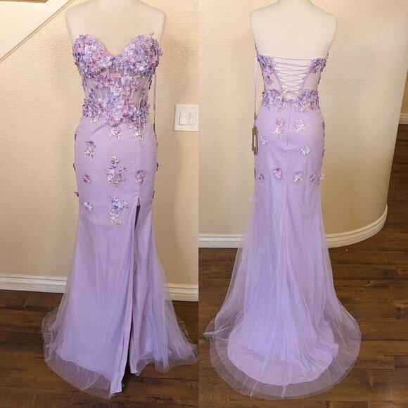 Lilac Floral Strapless Sweetheart Neck Corset Prom Formal Evening Dress 0 - Picture 3 of 5